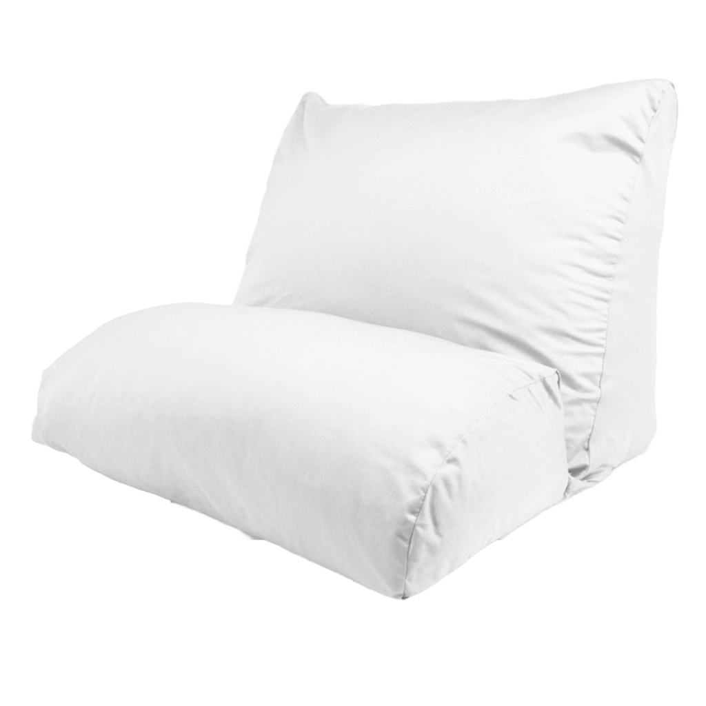 A plush white pillow wedge on a white background.